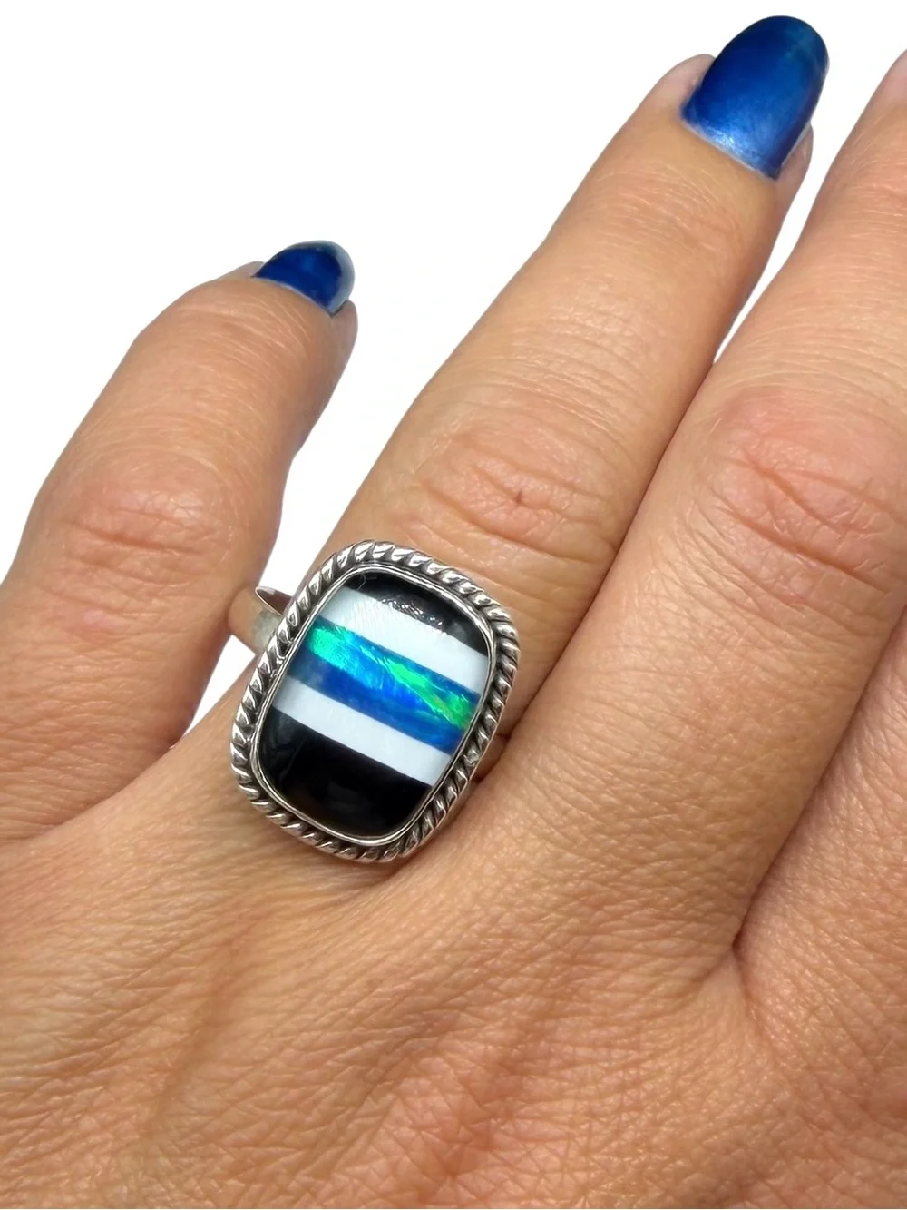 Aurora Fire Opal Black Onyx Striped Ring Size 9 Solid 925 Sterling Silver Blue
